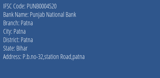 Punjab National Bank Patna Branch, Branch Code 004520 & IFSC Code PUNB0004520