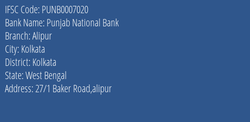 Punjab National Bank Alipur Branch, Branch Code 007020 & IFSC Code PUNB0007020