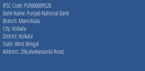 Punjab National Bank Manicktala Branch Kolkata IFSC Code PUNB0009520