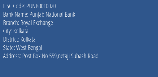 Punjab National Bank Royal Exchange Branch Kolkata IFSC Code PUNB0010020