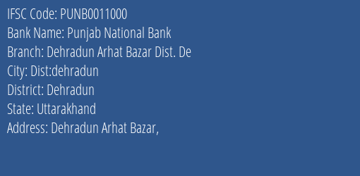 Punjab National Bank Dehradun Arhat Bazar Dist. De Branch Dehradun IFSC Code PUNB0011000