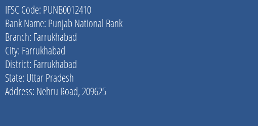 Punjab National Bank Farrukhabad Branch, Branch Code 012410 & IFSC Code Punb0012410