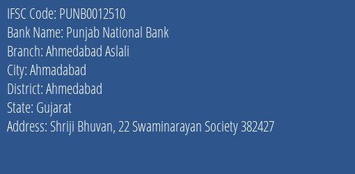 Punjab National Bank Ahmedabad Aslali Branch, Branch Code 012510 & IFSC Code PUNB0012510