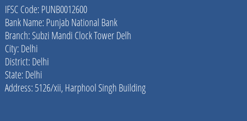 Punjab National Bank Subzi Mandi Clock Tower Delh Branch Delhi IFSC Code PUNB0012600