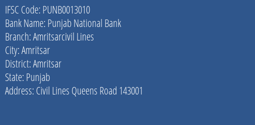 Punjab National Bank Amritsarcivil Lines Branch IFSC Code