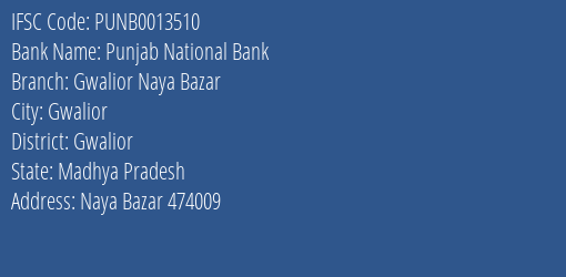 Punjab National Bank Gwalior Naya Bazar Branch, Branch Code 013510 & IFSC Code PUNB0013510