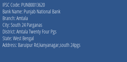 Punjab National Bank Amtala Branch Amtala Twenty Four Pgs IFSC Code PUNB0013620