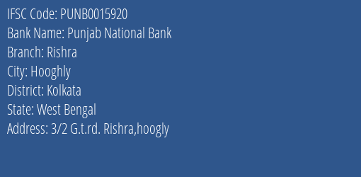 Punjab National Bank Rishra Branch Kolkata IFSC Code PUNB0015920