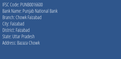 Punjab National Bank Chowk Faizabad Branch, Branch Code 016600 & IFSC Code Punb0016600