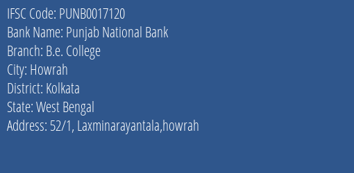 Punjab National Bank B.e. College Branch Kolkata IFSC Code PUNB0017120