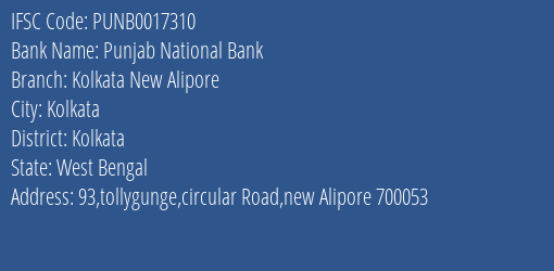 Punjab National Bank Kolkata New Alipore Branch IFSC Code