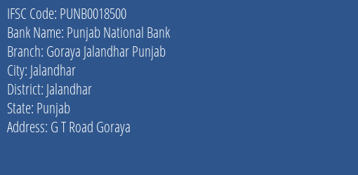 Punjab National Bank Goraya Jalandhar Punjab Branch, Branch Code 018500 & IFSC Code PUNB0018500