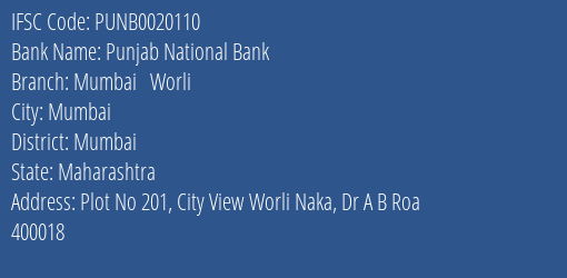 Punjab National Bank Mumbai Worli Branch IFSC Code
