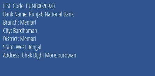 Punjab National Bank Memari Branch Memari IFSC Code PUNB0020920