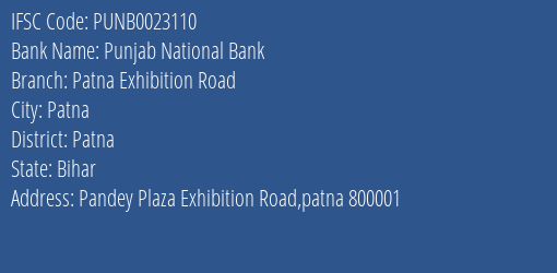 Punjab National Bank Patna Exhibition Road Branch, Branch Code 023110 & IFSC Code PUNB0023110
