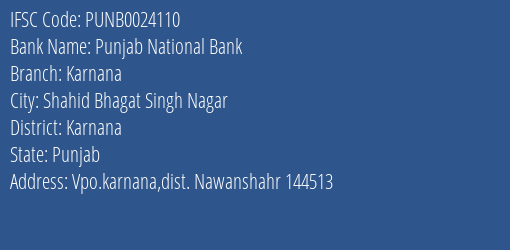 Punjab National Bank Karnana Branch, Branch Code 024110 & IFSC Code PUNB0024110
