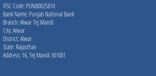 Punjab National Bank Alwar Tej Mandi Branch Alwar IFSC Code PUNB0025810