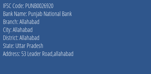 Punjab National Bank Allahabad Branch, Branch Code 026920 & IFSC Code PUNB0026920