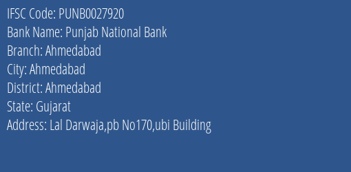 Punjab National Bank Ahmedabad Branch, Branch Code 027920 & IFSC Code PUNB0027920