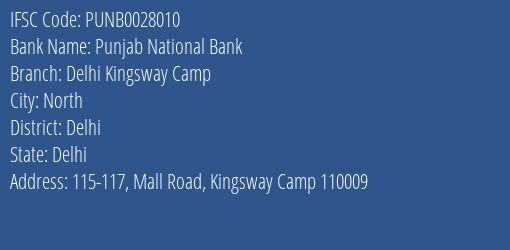 Punjab National Bank Delhi Kingsway Camp Branch Delhi IFSC Code PUNB0028010