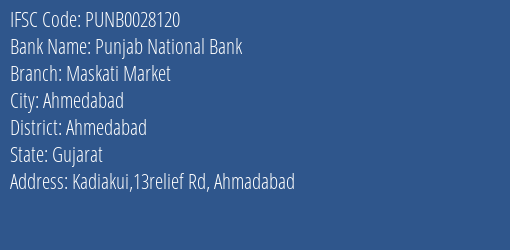 Punjab National Bank Maskati Market Branch, Branch Code 028120 & IFSC Code PUNB0028120