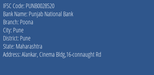 Punjab National Bank Poona Branch IFSC Code