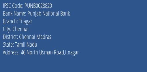 Punjab National Bank Tnagar Branch, Branch Code 028820 & IFSC Code PUNB0028820
