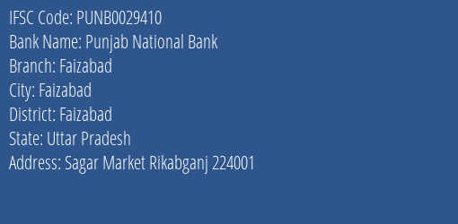 Punjab National Bank Faizabad Branch Faizabad IFSC Code PUNB0029410