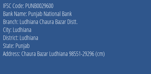 Punjab National Bank Ludhiana Chaura Bazar Distt. Branch Ludhiana IFSC Code PUNB0029600