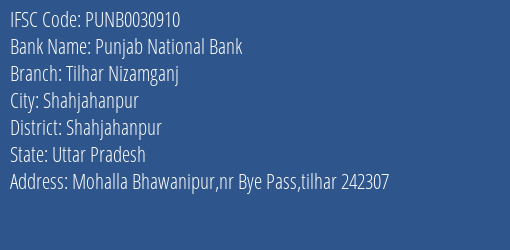 Punjab National Bank Tilhar Nizamganj Branch Shahjahanpur IFSC Code PUNB0030910
