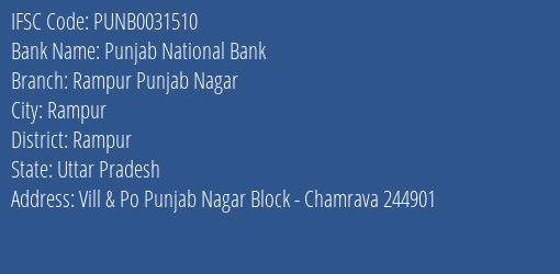 Punjab National Bank Rampur Punjab Nagar Branch Rampur IFSC Code PUNB0031510