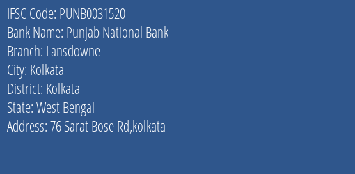 Punjab National Bank Lansdowne Branch, Branch Code 031520 & IFSC Code PUNB0031520