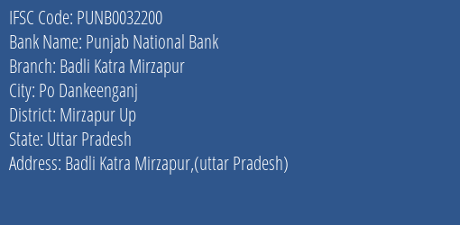 Punjab National Bank Badli Katra Mirzapur Branch Mirzapur Up IFSC Code PUNB0032200