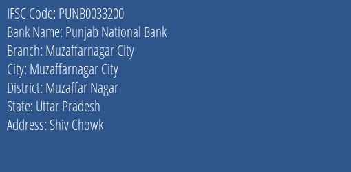 Punjab National Bank Muzaffarnagar City Branch Muzaffar Nagar IFSC Code PUNB0033200