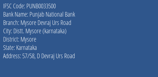 Punjab National Bank Mysore Devraj Urs Road Branch, Branch Code 033500 & IFSC Code PUNB0033500