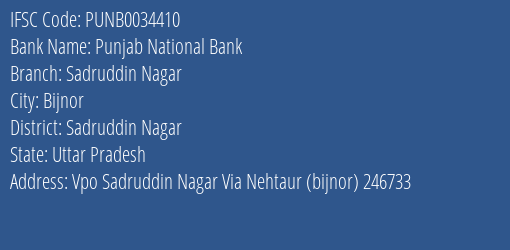 Punjab National Bank Sadruddin Nagar Branch Sadruddin Nagar IFSC Code PUNB0034410
