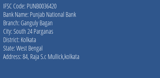 Punjab National Bank Ganguly Bagan Branch, Branch Code 036420 & IFSC Code PUNB0036420