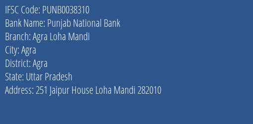 Punjab National Bank Agra Loha Mandi Branch, Branch Code 038310 & IFSC Code Punb0038310