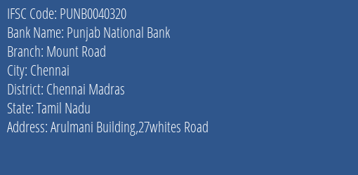 Punjab National Bank Mount Road Branch IFSC Code