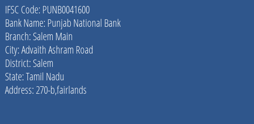 Punjab National Bank Salem Main Branch, Branch Code 041600 & IFSC Code PUNB0041600