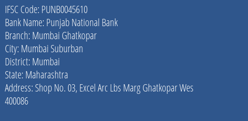 Punjab National Bank Mumbai Ghatkopar Branch IFSC Code