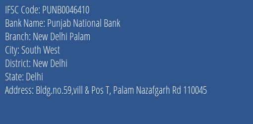 Punjab National Bank New Delhi Palam Branch IFSC Code