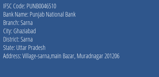 Punjab National Bank Sarna Branch, Branch Code 046510 & IFSC Code Punb0046510