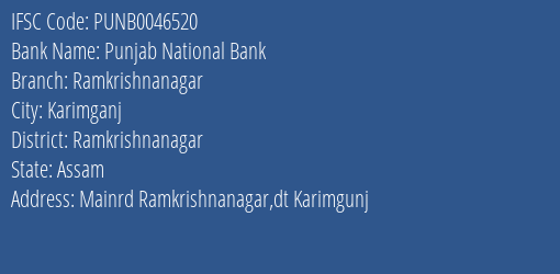 Punjab National Bank Ramkrishnanagar Branch Ramkrishnanagar IFSC Code PUNB0046520
