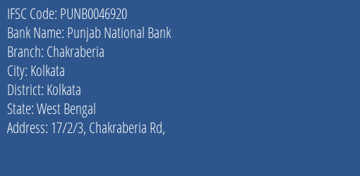 Punjab National Bank Chakraberia Branch Kolkata IFSC Code PUNB0046920