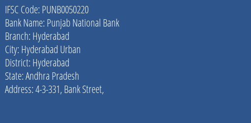 Punjab National Bank Hyderabad Branch Hyderabad IFSC Code PUNB0050220