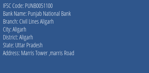 Punjab National Bank Civil Lines Aligarh Branch Aligarh IFSC Code PUNB0051100
