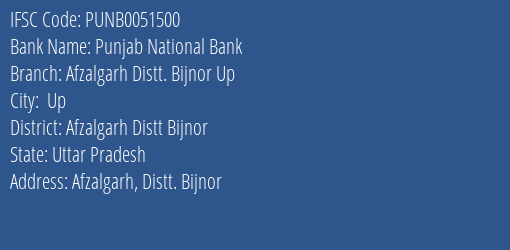 Punjab National Bank Afzalgarh Distt. Bijnor Up Branch Afzalgarh Distt Bijnor IFSC Code PUNB0051500