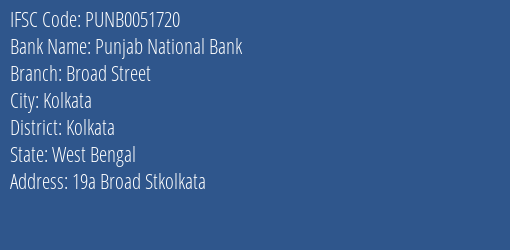 Punjab National Bank Broad Street Branch Kolkata IFSC Code PUNB0051720