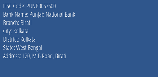 Punjab National Bank Birati Branch, Branch Code 053500 & IFSC Code PUNB0053500